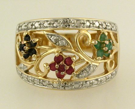 Floral BRACELET and RING set – emerald, sapphire, ruby, sterling 