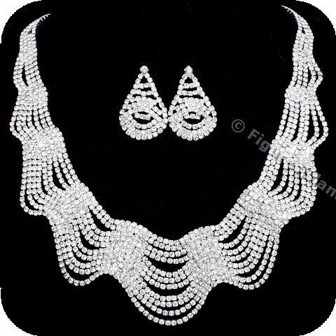   Rhinestone Crystal Bib Drape Bridal Wedding Necklace Earring Set 290