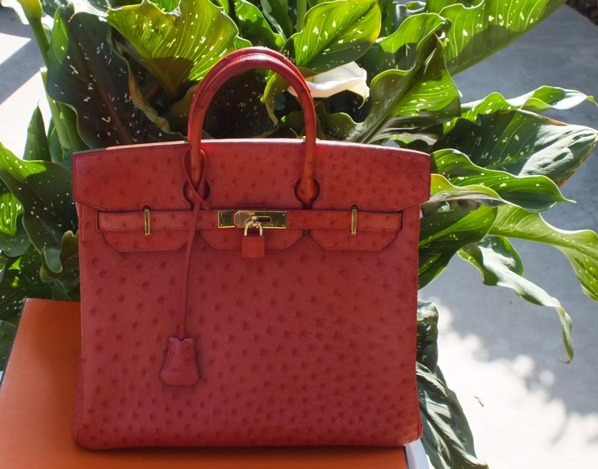   Hermes Ostrich HAC 32 cm Rouge Vif Birkin Gold Hardware Rare  