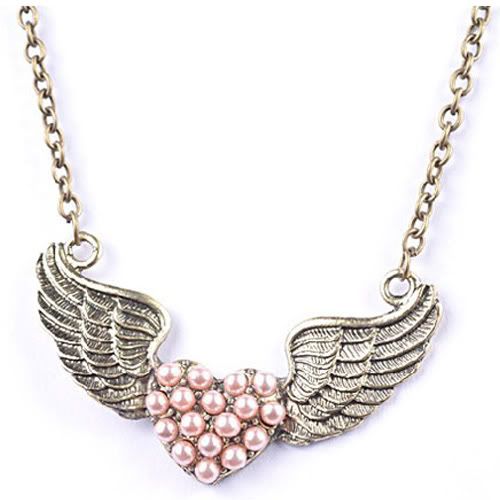 Fashion Hollow Out Retro Alloy Love Heart Angle Wings Necklace Pendant 