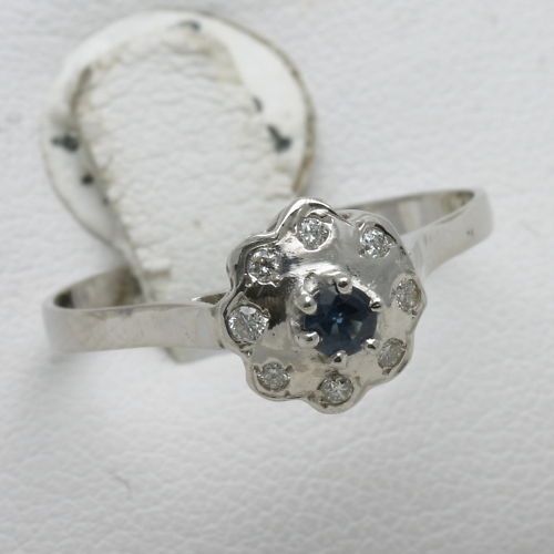   14k white gold Blue Sapphire & diamond FLOWER ring Reproduction dainty