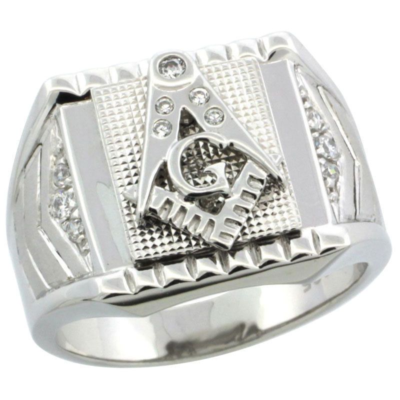 Sterling Silver Mens MASONIC Ring w/CZ Stones & Frosted Side Accents 