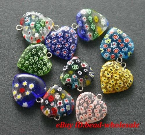 20pcs mixed millefiori glass heart charm pendants  