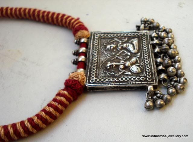   old silver amulet pendant necklace hindu god ganesh laxmi  
