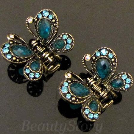   SHIPPING 2 antiqued rhinestone crystal butterfly hair claw clip  