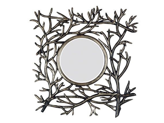 ROUND BEVELED MIRROR WITH CARVED BRANCH LOOK FRAME  