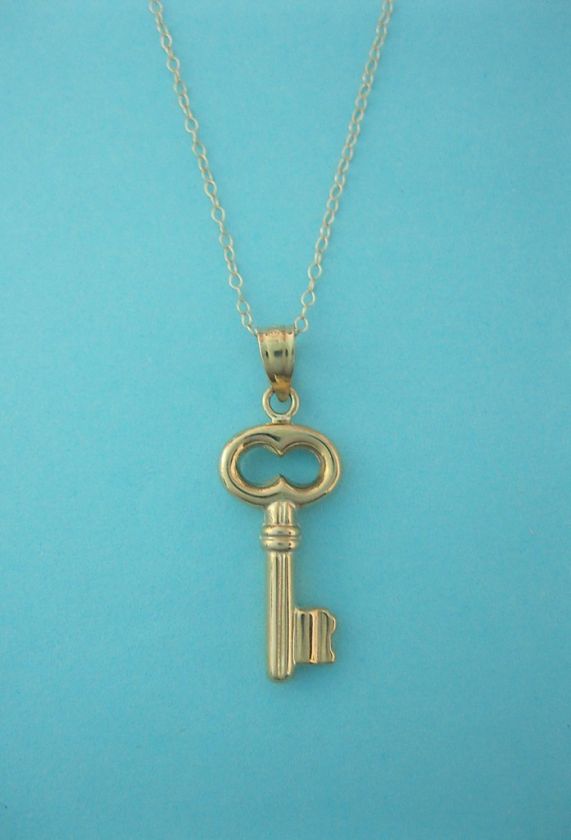 10K Real Yellow Gold Key Charm Necklace 18 1 1/8 Hollow Shiny Brand 