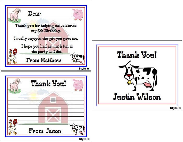 Farm Animals Kid Barn Birthday Party Personalized Thank You Note Cards 