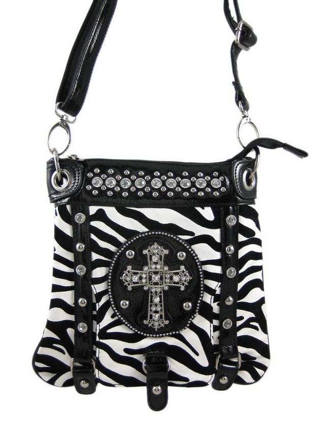 Zebra Print Rhinestone Cross Messenger Bag Black  